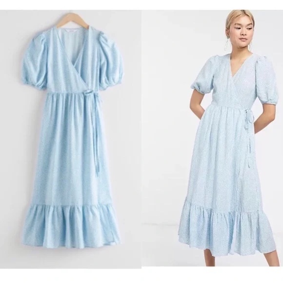 & Other Stories Dresses & Skirts - & Other Stories Blue Floral Wrap Dress, Pockets and Puff Sleeves Size 10